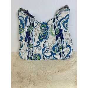 Vera Bradley Quilted Cotton Shoulder Bag Blue Green Floral Paisley Hobo Purse